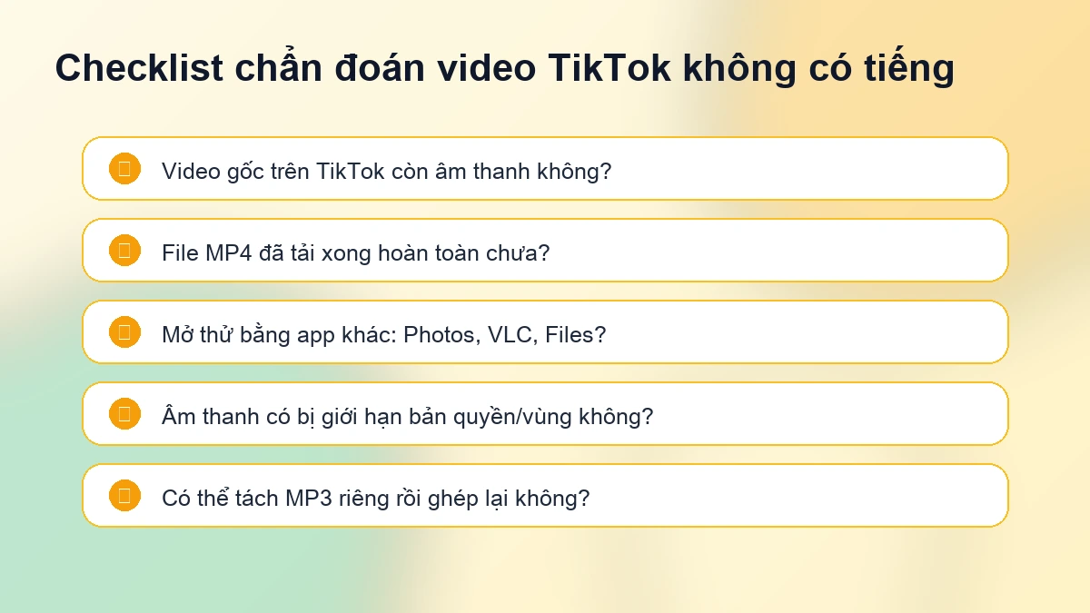 Checklist kiểm tra video TikTok tải về không có tiếng trên iPhone Android và máy tính