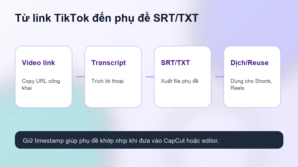 Workflow tải phụ đề TikTok SRT từ link video sang transcript, SRT TXT và bản dịch